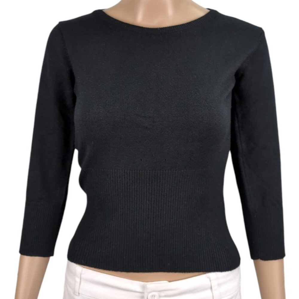 Seduction Cropped Black 3/4 Sleeve Top Blouse Women L Petite Y2K Clubwear